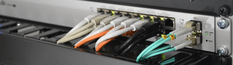Close-up of network cables plugged into a switch.