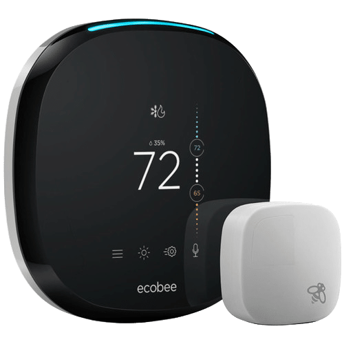 Smart thermostat by Ecobee showing a temperature of 72°F, accompanied by a white room sensor.