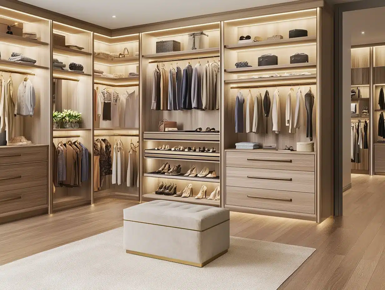 A luxurious walk-in closet with custom built-in shelving and soft, ambient lighting. The closet features neatly organized clothing, shoes, handbags, and accessories arranged on open shelves and hanging rods. There is a cushioned ottoman in the center of the room placed on a light-colored area rug, and the wooden floor and cabinetry have a light, natural finish. The overall atmosphere is warm, elegant, and well-organized.