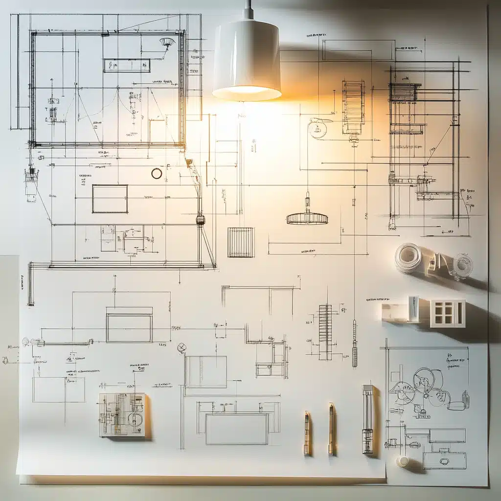 A detailed architectural blueprint is laid out on a desk, illuminated by a white pendant lamp above. The plans include technical drawings of a building's layout and components. Small architectural models, measuring tools, and pens are placed on the blueprint, suggesting a workspace for design or planning.