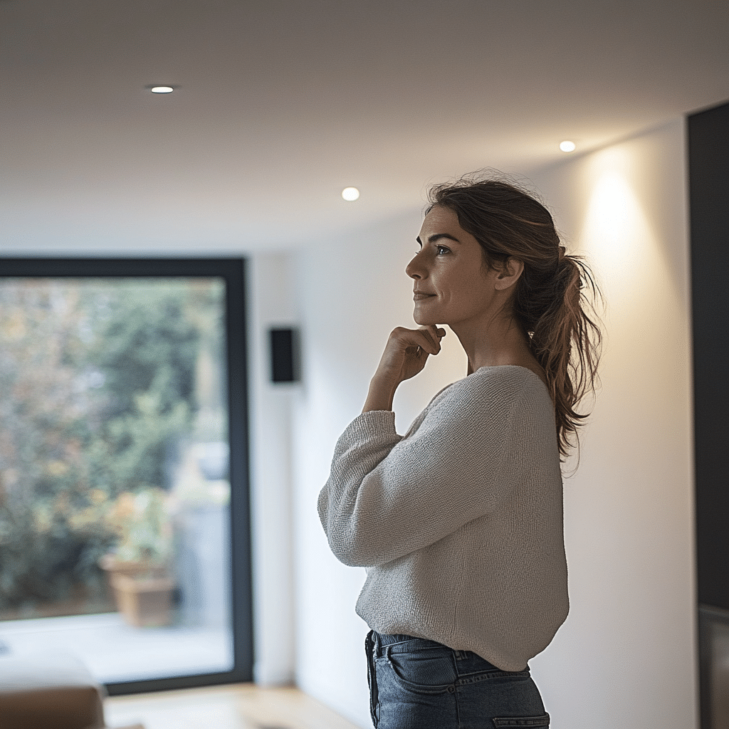 A thoughtful woman standing in a modern, minimalistic living room with recessed ceiling lights and a large window providing a view of greenery outside. She is wearing a white sweater and jeans, with her hand resting on her chin, appearing to be contemplating or admiring the room’s ambiance.